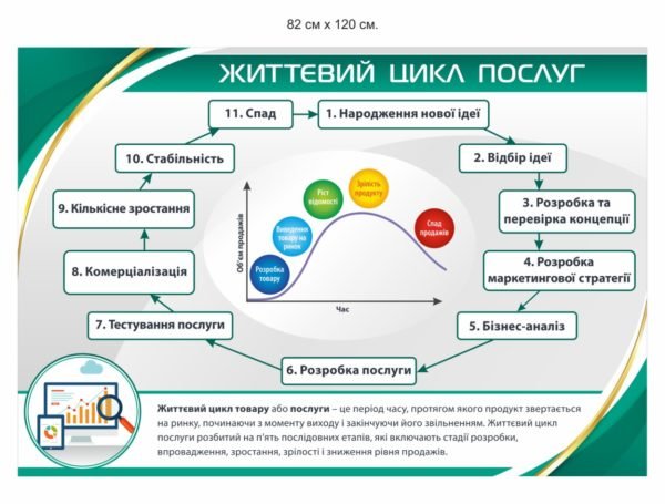Стенд пластиковий у кабінет економіки “Життєвий цикл послуг”